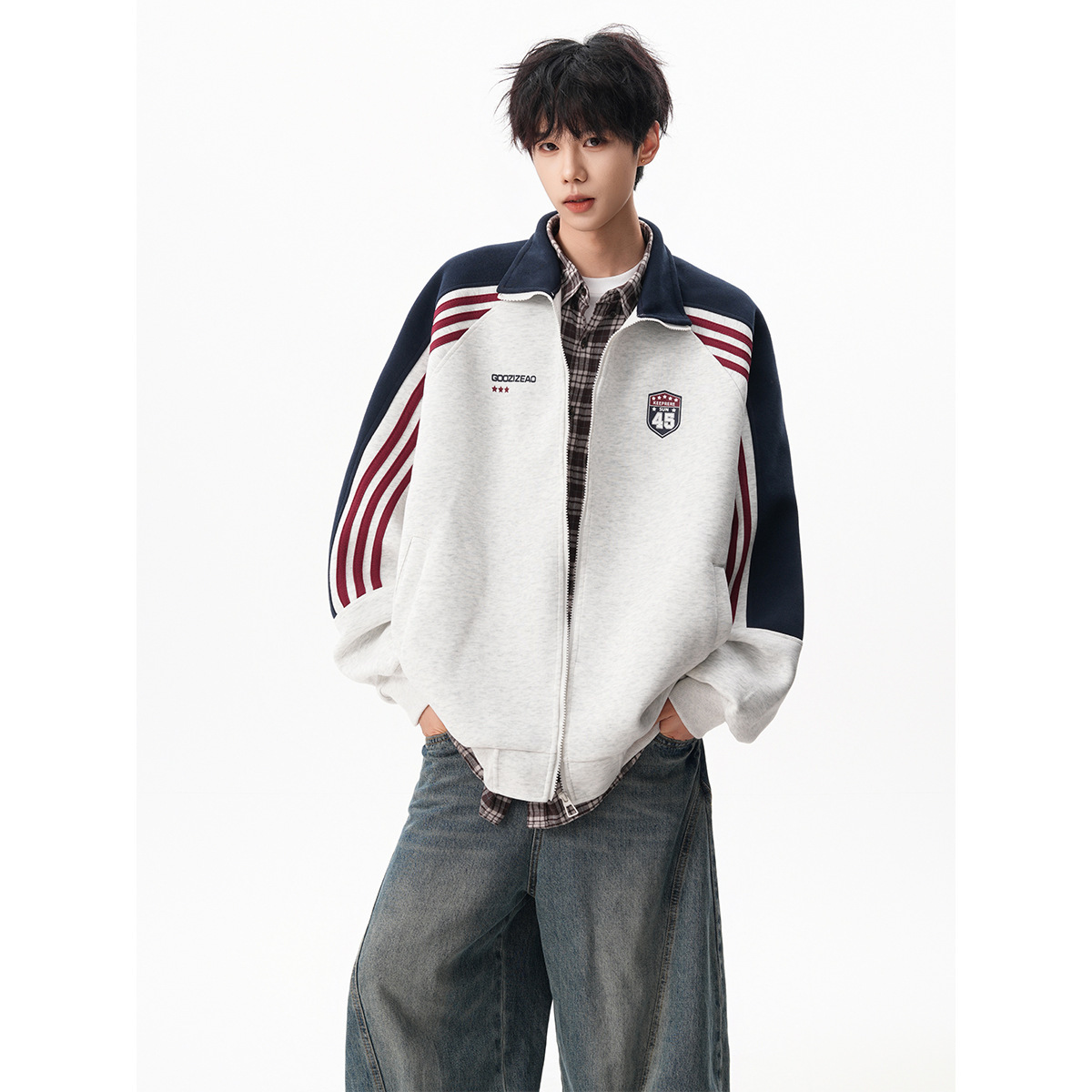 American-Style Striped Color-Block Stand Collar Cardigan Sweatshirt Men's Trendy Brand Autumn and Winter Loose Fleece Thickened Sports Jacket Coat