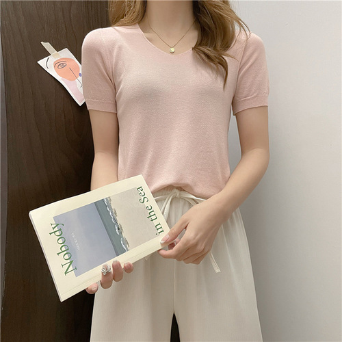Summer solid color V-neck stylish loose thin casual cool feeling short sleeve women's knitted shirt