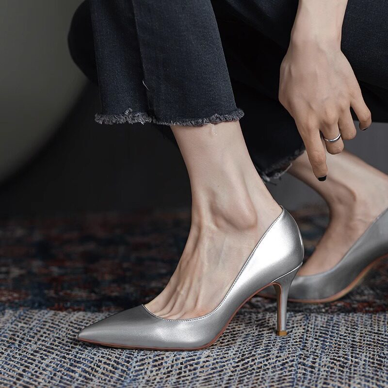 Hong Kong Silver High-Heeled Shoes for Women 2025 Spring and Autumn New Versatile Sexy French Style Thin Heel Pointed Toe Work Shoes
