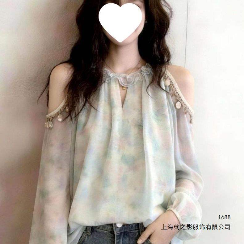 Tie-Dye Design, Draping Long-Sleeve Off-Shoulder Shirt, Very Beautiful and Stylish, Summer Plus-Size Chiffon Blouse for Women, Flattering for Curvy Figures