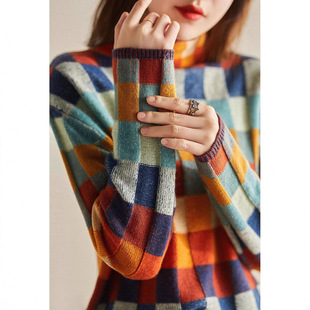 Brilliant Colorful Checkerboard Export Knitwear Women's Autumn and Winter New High Collar Lazy Style Slimming Look Outer Top