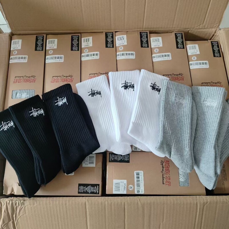 Stussy High-Top Men's and Women's Sports Socks with Thickened Towel Bottom, Shock-Absorbing Cotton Socks, Gift Box Set, Soft Outdoor Basketball Socks