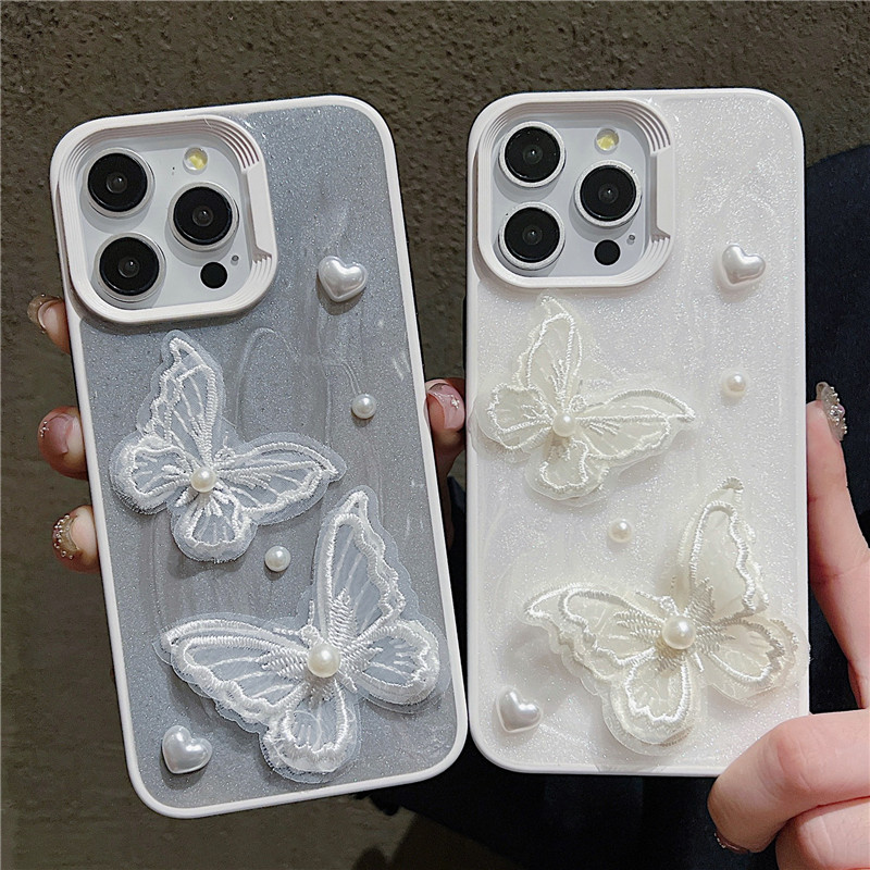 立體網紗珍珠蝴蝶iPhone15/14適用11蘋果13/12PROMAX手機殼保護套