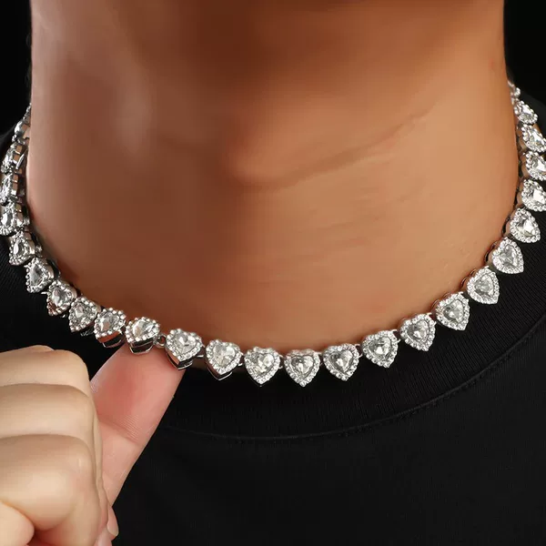 Cross-Border Temu Hot-Selling 11mm Heart-Shaped Glass Chain, Light Luxury Versatile Simple Style Diamond-Encrusted Cuban Chain, Wholesale from Manufacturer