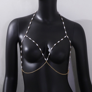 European and American Cross-border Pearl Handmade Chain Sexy Beach Bikini Exaggerated Personality Design Sense Breast Chain Body Chain Women's