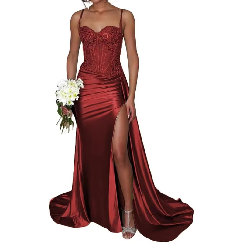 Vestido de noche sexy dividido de satén Vestido largo de tubo transfronterizo europeo y americano con cintura de espina de pescado Vestido delgado Falda larga image 21
