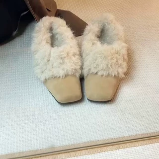 羊皮版~复古百搭气质小方头雪地靴粗跟高跟一脚蹬舒适女款毛毛鞋