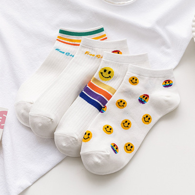 Socks Socks Rainbow Smiling face Korean Edition lovely Spring and summer Thin section ventilation pinkycolor ins Shallow socks