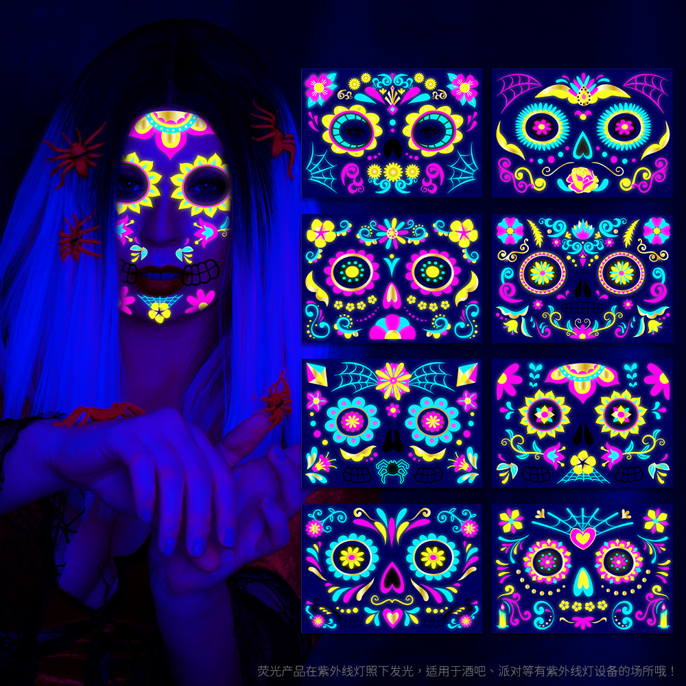 Tatuajes Faciales Fluorescentes Estampado Dorado para Halloween y Fiestas