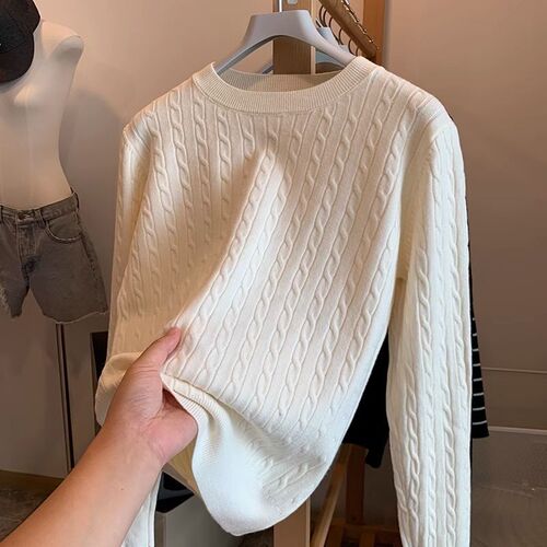 Twist sweater for women's autumn and winter soft waxy waxy all-match apricot round collar loose pullover Korean lazy-style sweater
