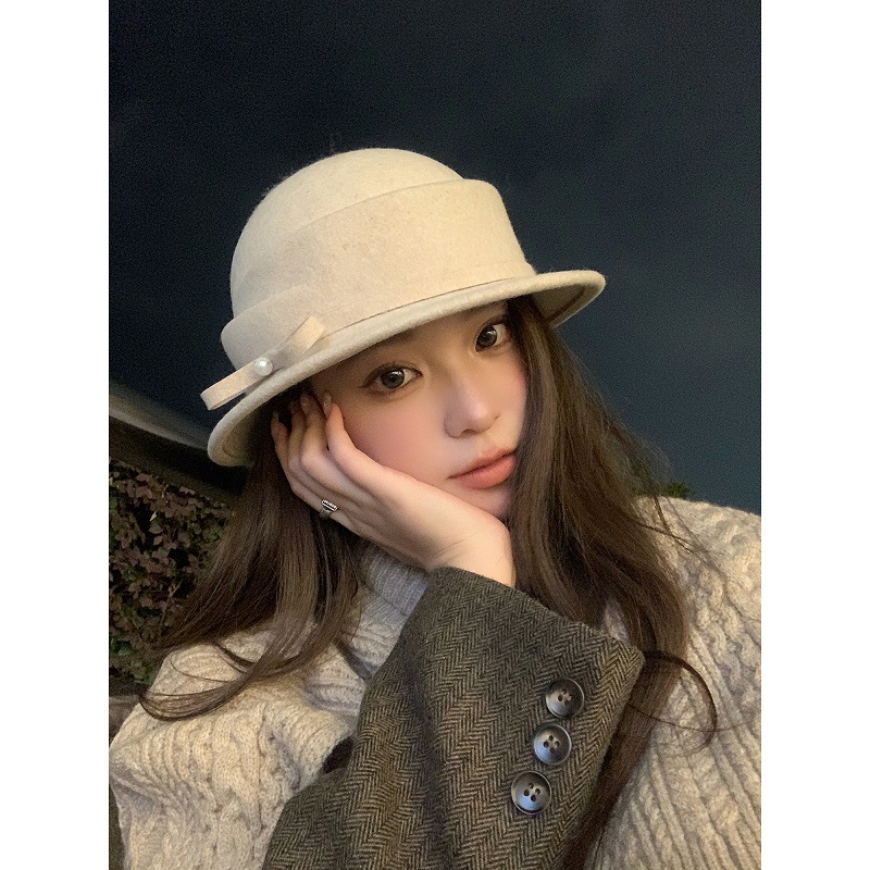 Damenhut aus Wolle mit Perlenschleife, Herbst- und Winter-Socialite-Mode, hochwertiger Fischerhut_voghion.com