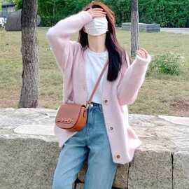 粉色v领毛衣女秋冬2023新款小个子慵懒复古厚针织开衫外套上衣