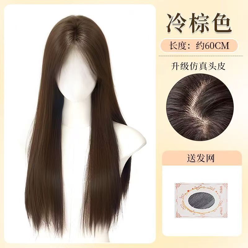 [machine-made style] center-parted straight hair, cool brown + hair net