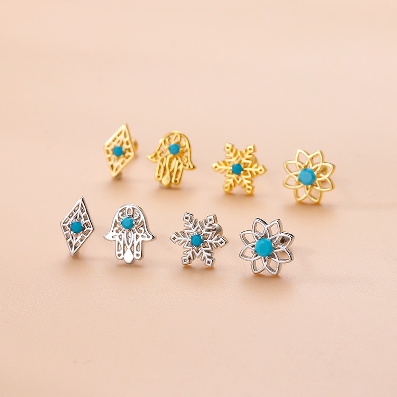 Retro Flower Metal Plating Inlay Zircon Ear Studs 1 Piece