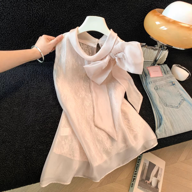 Real Shot of French-Style Bow Lace Top, Summer 2026 New Model, Sleeveless, Elegant and High-End Chiffon Blouse, Trendy Vest