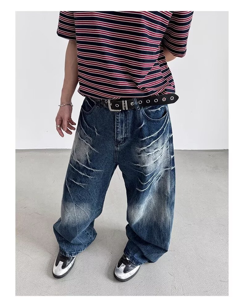 American Style Rivet Lightning Denim Jeans For Men And Women, Wide-Legged Distressed Wash Vintage Drop-Crotch Trousers, Trendy Streetwear Design_mkmklike.com