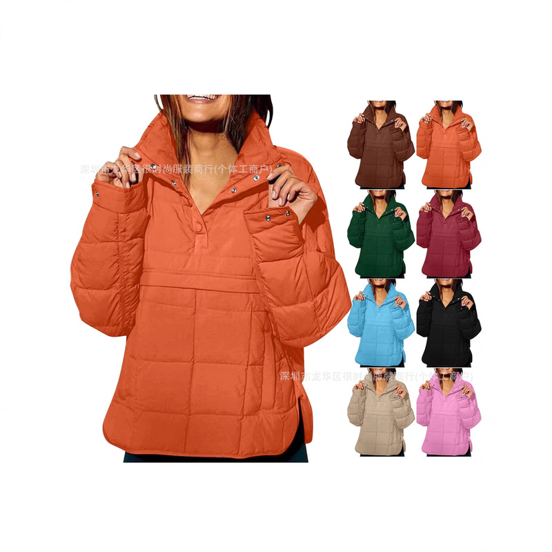 New Ladies Solid Color Oversized Quilted Lightweight Winter Warm Pullover Long Sleeve Stand Collar Snap Autumn Winter Cotton Coat