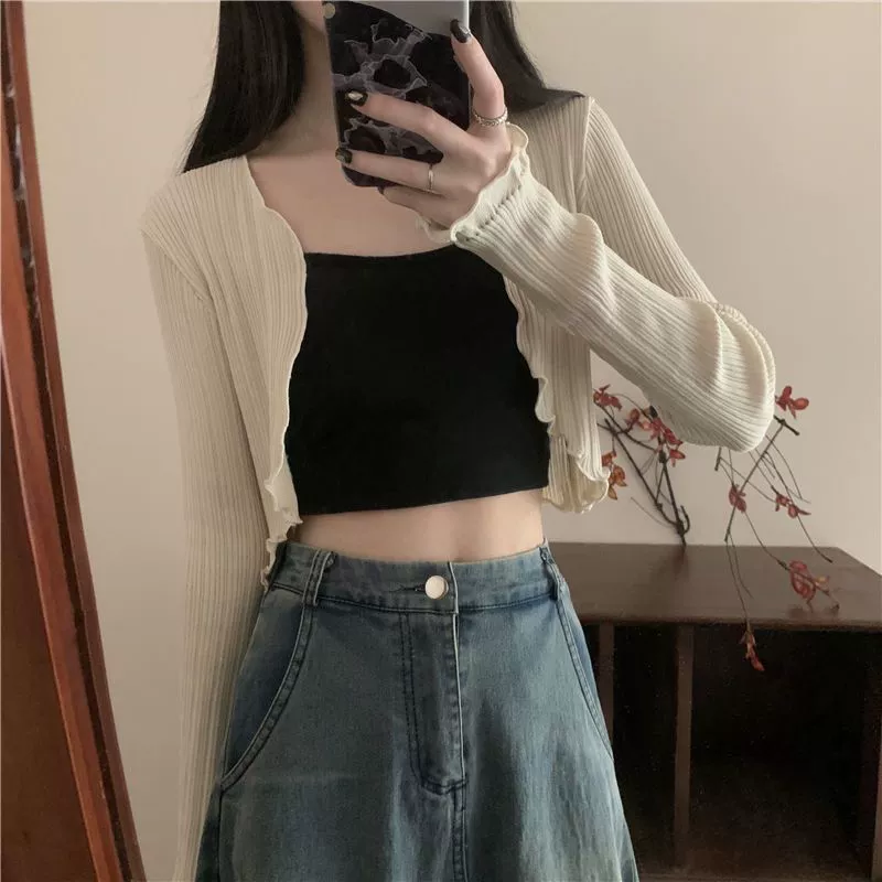 Защитный кардиган от солнца с рюшами, тонкая женская универсальная верхняя одежда, летняя шаль, вязаный топ из ледяного шелка, небольшой топ без рукавов