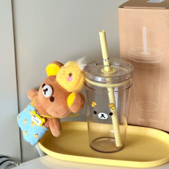 黄色熊简约ins轻松熊吸管杯大容量日系可爱卡通透明塑料杯带盖杯