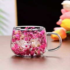 国境を越えたインターネットセレブの本物の花の二重層ガラスの見栄えの良いお土産コーヒーカップ高ホウケイ酸シンプルな丸いドリンクカップ