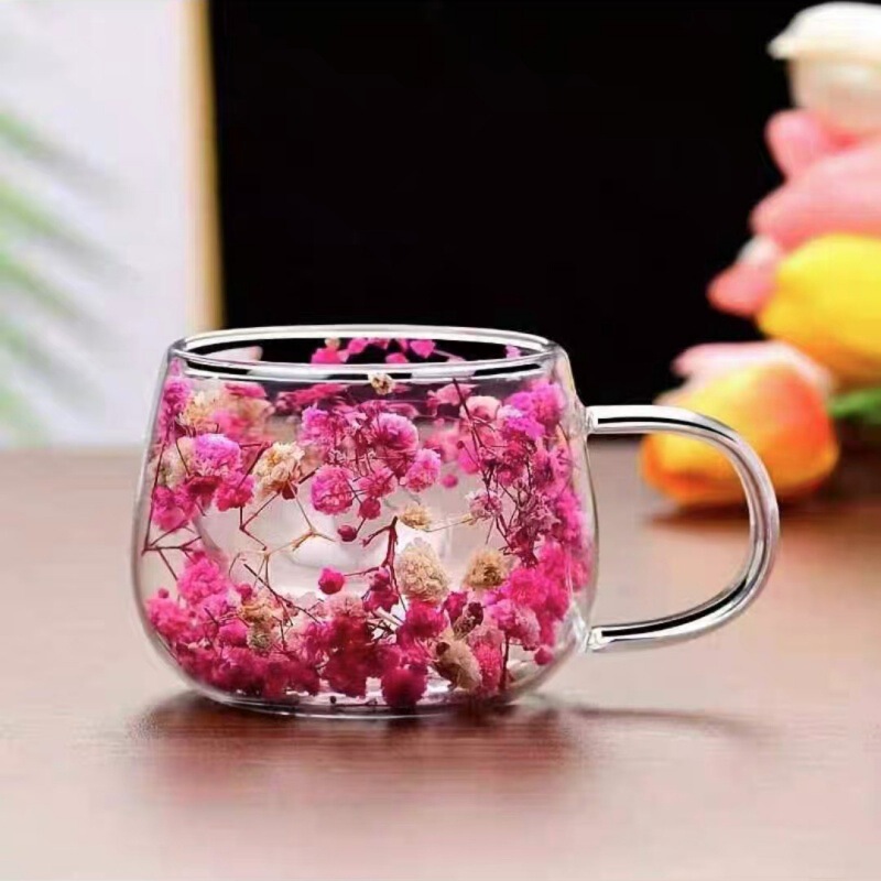 国境を越えたインターネットセレブの本物の花の二重層ガラスの見栄えの良いお土産コーヒーカップ高ホウケイ酸シンプルな丸いドリンクカップ|undefined