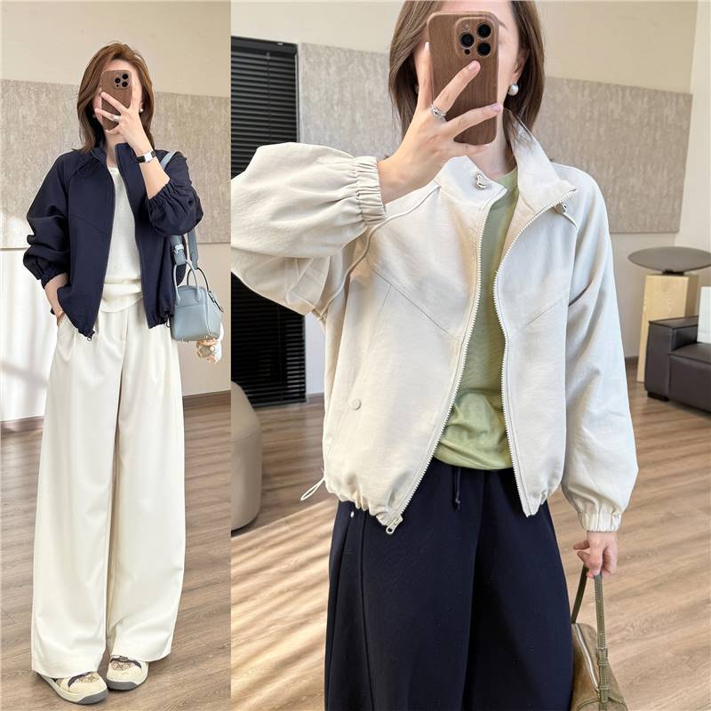 Practical Slimming Short Jacket! Hollow Yarn Raglan Sleeve Stand Collar Baseball Jacket Casual Short Jacket Windbreaker for Women