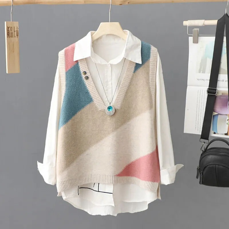 Color-Blocked V-Neck Knitted Vest for Women, New Spring and Autumn Style, Sleeveless Sweater Pullover, Vest Top Color-Blocked V-Neck Knitted Vest for Women, New Spring and Autumn Style, Sleeveless Sweater Pullover, Vest Top