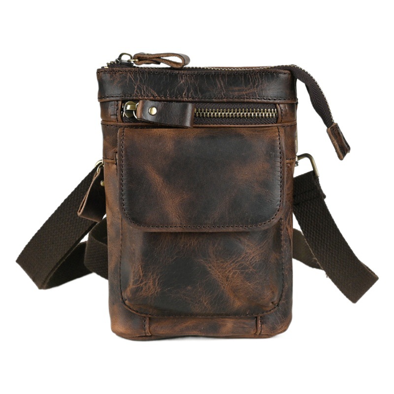 Retro First-Layer Crazy Horse Leather Waist Bag Multi-Functional Outdoor 7inch Mobile Phone Bag with Hook and Belt Crossbody Bag