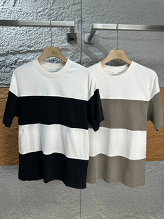 Heavy Weight American Style! Airy and Soft Cotton! Men's Summer Versatile Color-Blocked Stripesd Casual Short-Sleeved T-Shirt