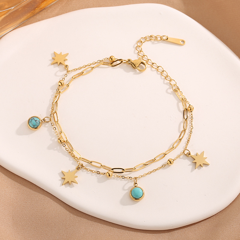 Meiji 2024 transfronteriza europea y americana nuevo titanio acero geométrico azul turquesa Oval Sun Star colgante pulsera de la joyería