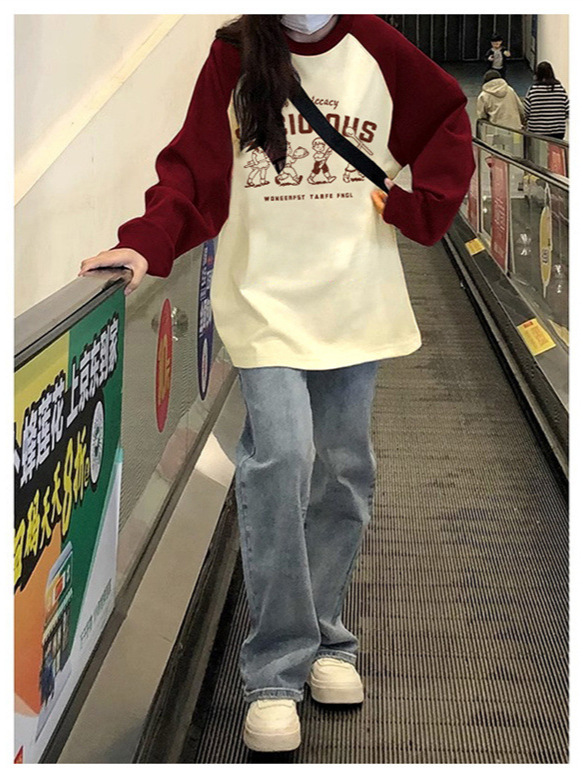 100% Cotton T-Shirt Base Layer for Female Students in Spring and Autum Thin Loose Large Size Casual Versatile Raglan Long-Sleeved Top