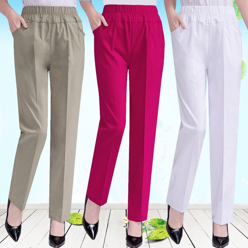 Middle-Aged and Elderly Women's Clothing Mother's White Pants Summer Thin Elderly Women's Straight Pants Loose High-Waisted Women's Casual Pants
