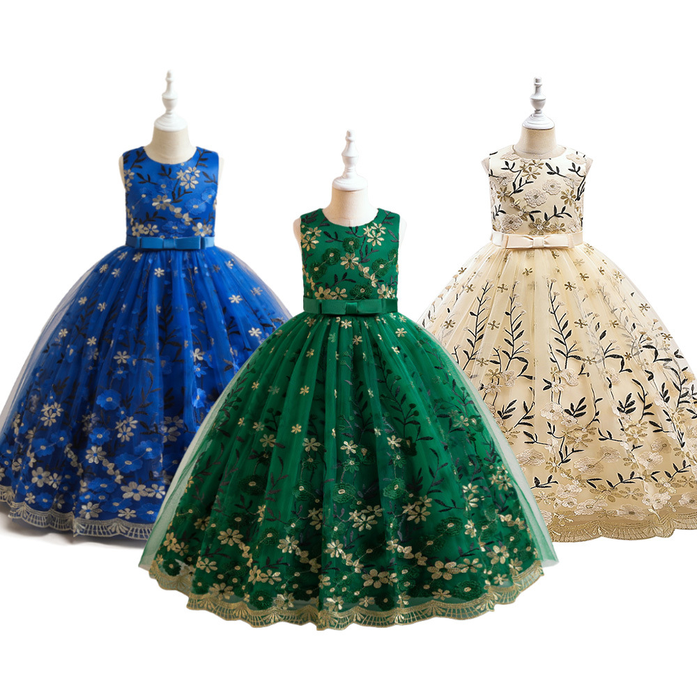 Transfronterizo europeo y americano nuevo vestido de los niños vestido de princesa medio y grande de los niños de malla bordada vestido mullido piano vestido de rendimiento
