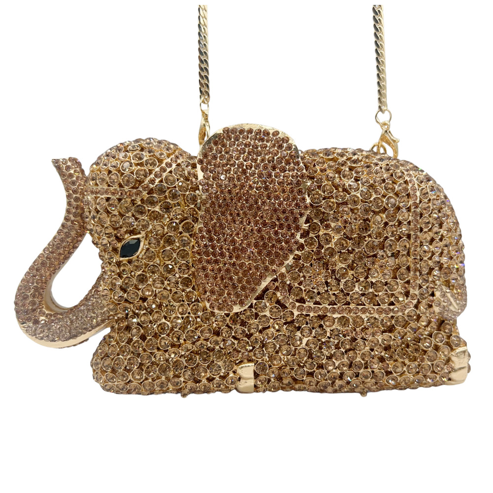 Túi clutch nữ đính đá hình voi đục lỗ phong cách Âu Mỹ — Vàng xanh lục, Đế vàng kim cương chi tiết 3