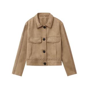 Cross-Border Details Cross-Border Suede Jacket Women's Lapel European and American Style Foreign Trade Women's Long-Sleeved Autumn Weaving