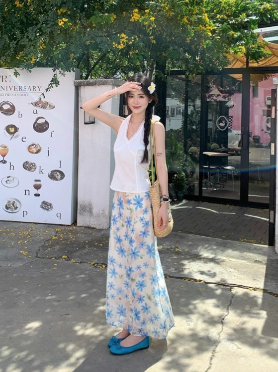 海边度假穿搭套装甜辣妹蕾丝挂脖吊带上衣女夏季碎花半身裙两件套|undefined
