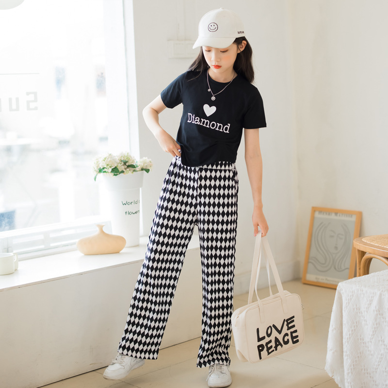Girls Suit Summer Wide-Leg Pants Korean Style Two-Piece Set 2025 Big Kidsren's Women's Clothing Kidsren's T-Shirt Pants Suit Plaid