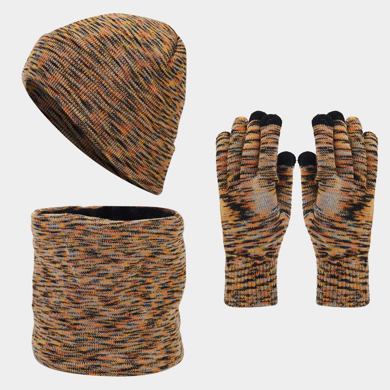 Moda europea y americana nueva corbata teñida de punto sombrero bufanda guantes de tres piezas traje de hombres y mujeres forrado de lana caliente traje a prueba de frío marea