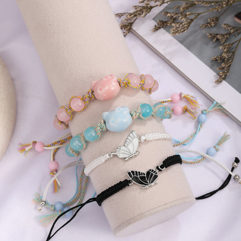 跨境热卖陶瓷蓝色小猫串珠手链萌趣可爱蝴蝶五彩编织绳少女心手饰