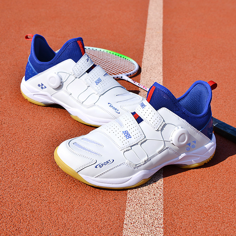 Nuevos zapatos de bádminton transfronterizos para parejas, zapatos de tenis de mesa casuales de botón giratorio de tamaño grande