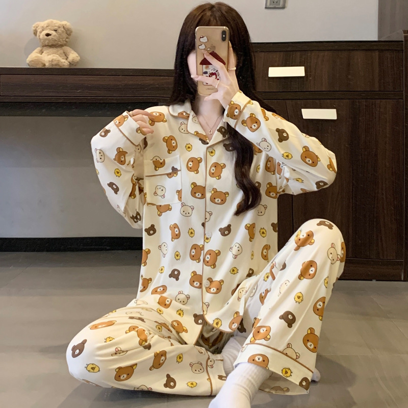 Al por mayor transfronterizo nuevo primavera y otoño pantalones de manga larga pijamas cardigans con ropa casualizada de algodón de dibujos animados