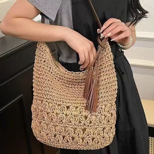 2025 New Summer Straw Woven Bag For Women - Fashion Large Capacity Shoulder Bag, Beach Vacation Style Commuter Tote - Thumbnail 3