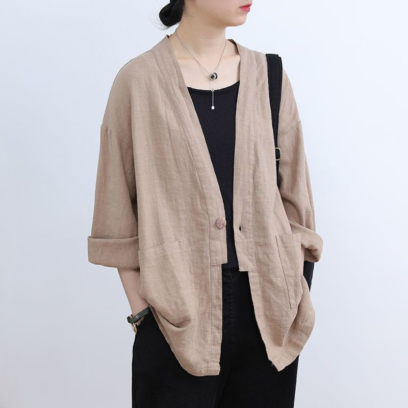 Cotton and Linen Solid Color Mid-Length Coat with Large Pockets, Long Sleeves, Single Button, Plus Size Women's Linen Cardigan Top, Spring Style
