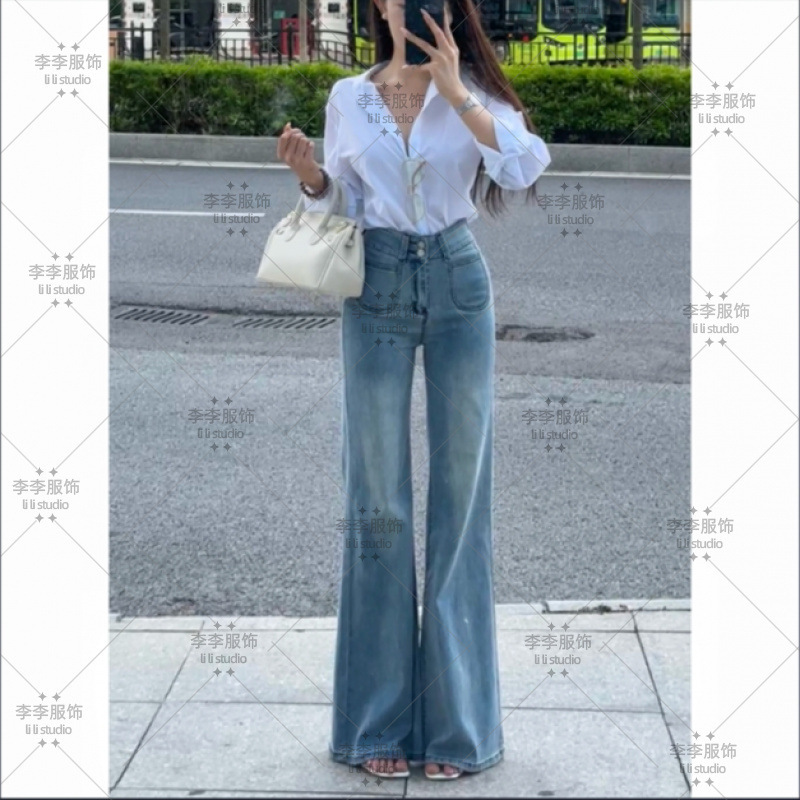 气质百搭微喇牛仔裤女2025年秋季新款高腰修身显瘦垂感拖地长裤|undefined