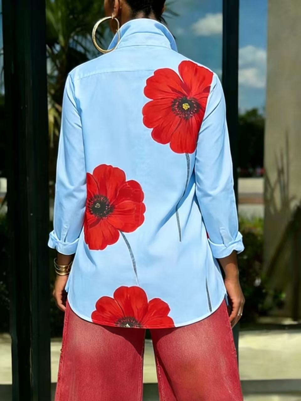 Women's Clothing Spring/Summer Women's Large Red Floral Print Collared Shirt Long Sleeve Loose Fit Mid Length Style Top_ecoleips.com