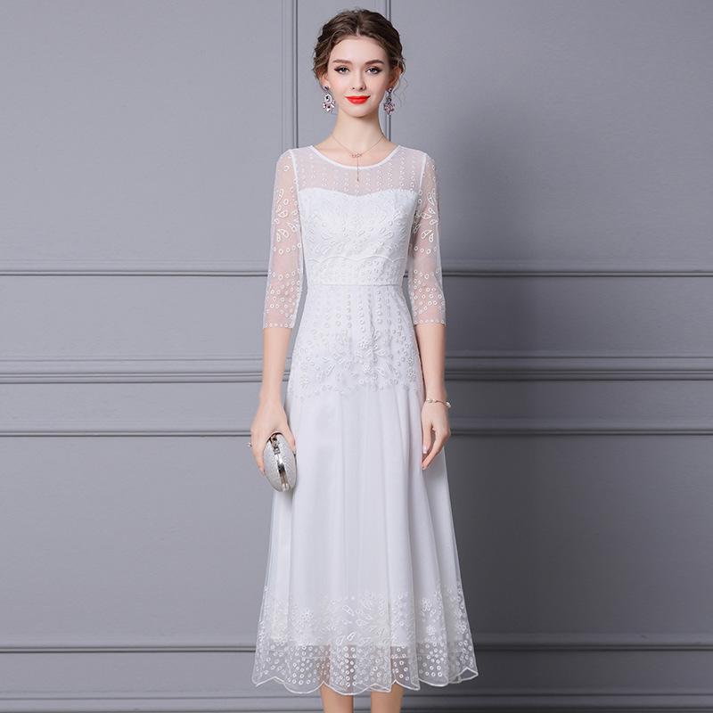 Zhili White Dress 2026 New Style Women's Spring Plus-Size Long Embroidered Beaded Party Dress Skirt for Work Commute