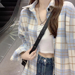 厚款毛尼料蓝格子衬衫女装2025秋季新款港风元气时尚长袖上衣外套