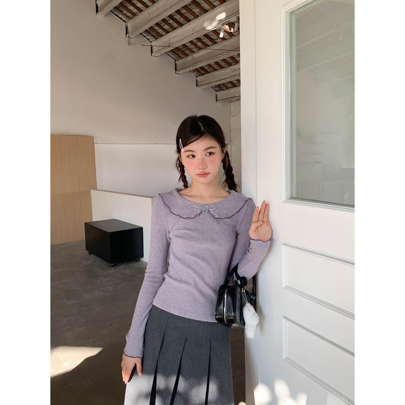Crochet lace doll collar ribbed knit top for women, spring collection, unique design, long-sleeved T-shirt Crochet lace doll collar ribbed knit top for women, spring collection, unique design, long-sleeved T-shirt