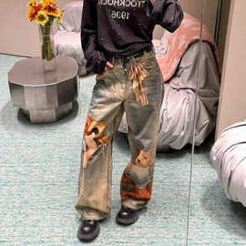 美式街头小熊卡通印花牛仔裤女设计感个性复古休闲拖地长裤潮跨境