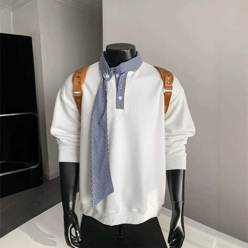 2026 Plaid Patchwork Tie Sweatshirt for Men, Spring and Autumn College Style Loose Casual T-shirt, Trendy Design Base Shirt 2026 Plaid Patchwork Tie Sweatshirt for Men, Spring and Autumn College Style Loose Casual T-shirt, Trendy Design Base Shirt
